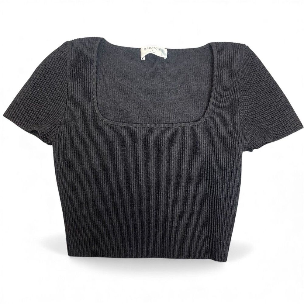 Babaton Women Crop Top Small Black Ribbed Short Sleeve Square Neck Casual